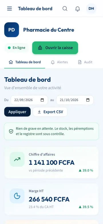 Le tableau de bord de PharmaPro sur un téléphone