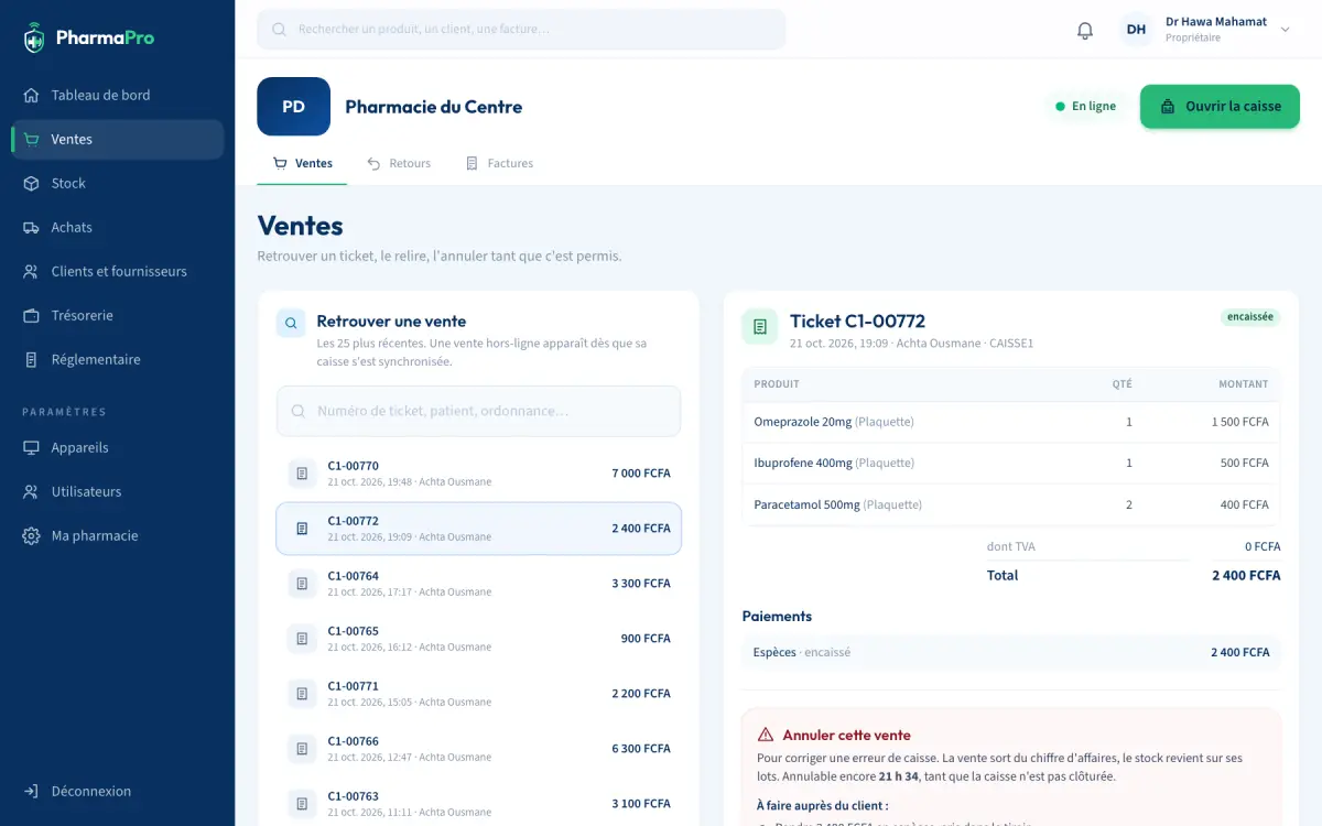 Ventes : liste des tickets et détail d'une vente payée par Mobile Money