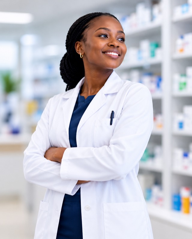 Une pharmacienne souriante, en blouse, devant les rayons de son officine